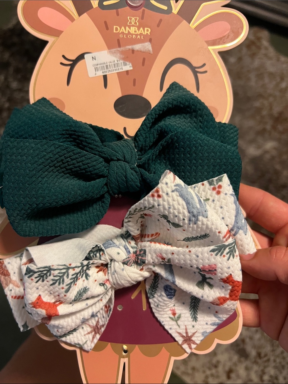 Kids Forest Green and White Holiday Head Bow